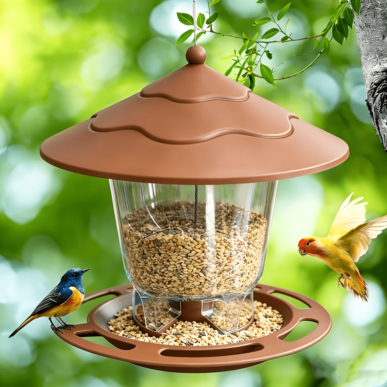 Hanging Bird Feeder with Tiered Roof, Clear Seed Chamber and Brown, Grey or Green Finish Options