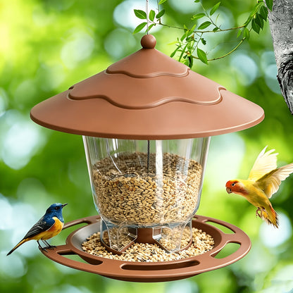 Hanging Bird Feeder with Tiered Roof, Clear Seed Chamber and Brown, Grey or Green Finish Options
