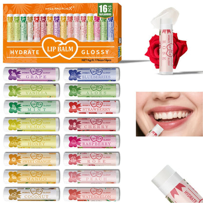 Lip Balm 16-Piece Assorted Flavor Set with Glossy Twist-Up Tubes and Orange Display Box Packaging
