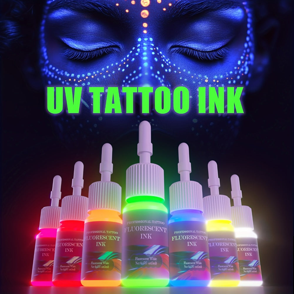 Tattoo Ink DMTATTOO UV Blacklight Set with Eight 5ml Bottles in White, Red, Orange, Green, Yellow, Purple, Blue and Pink