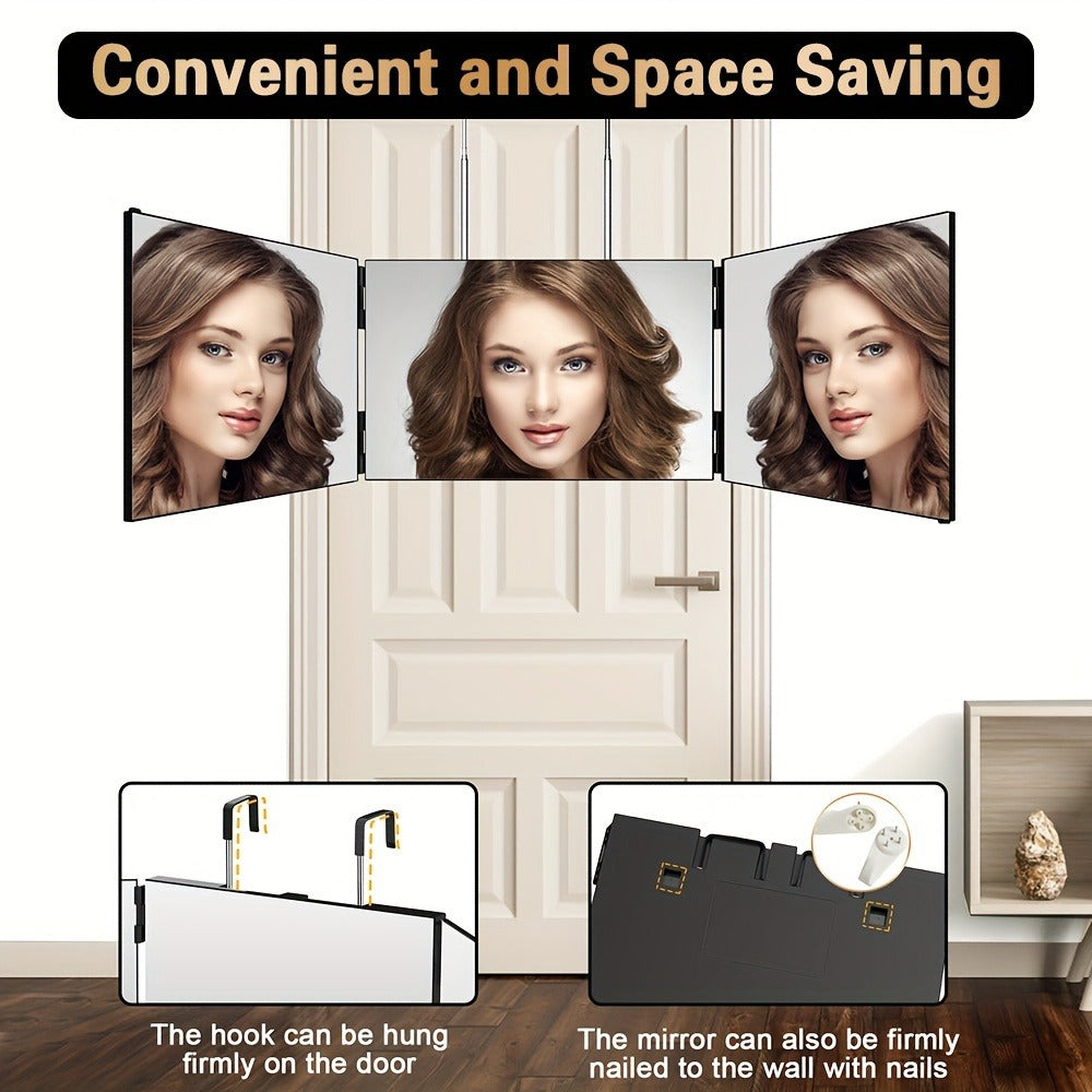 Three-Way Hair Cutting Mirror with Folding Panels, Adjustable Door Hooks and LED, Non-LED or Two-Pack Options