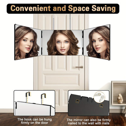 Three-Way Hair Cutting Mirror with Folding Panels, Adjustable Door Hooks and LED, Non-LED or Two-Pack Options