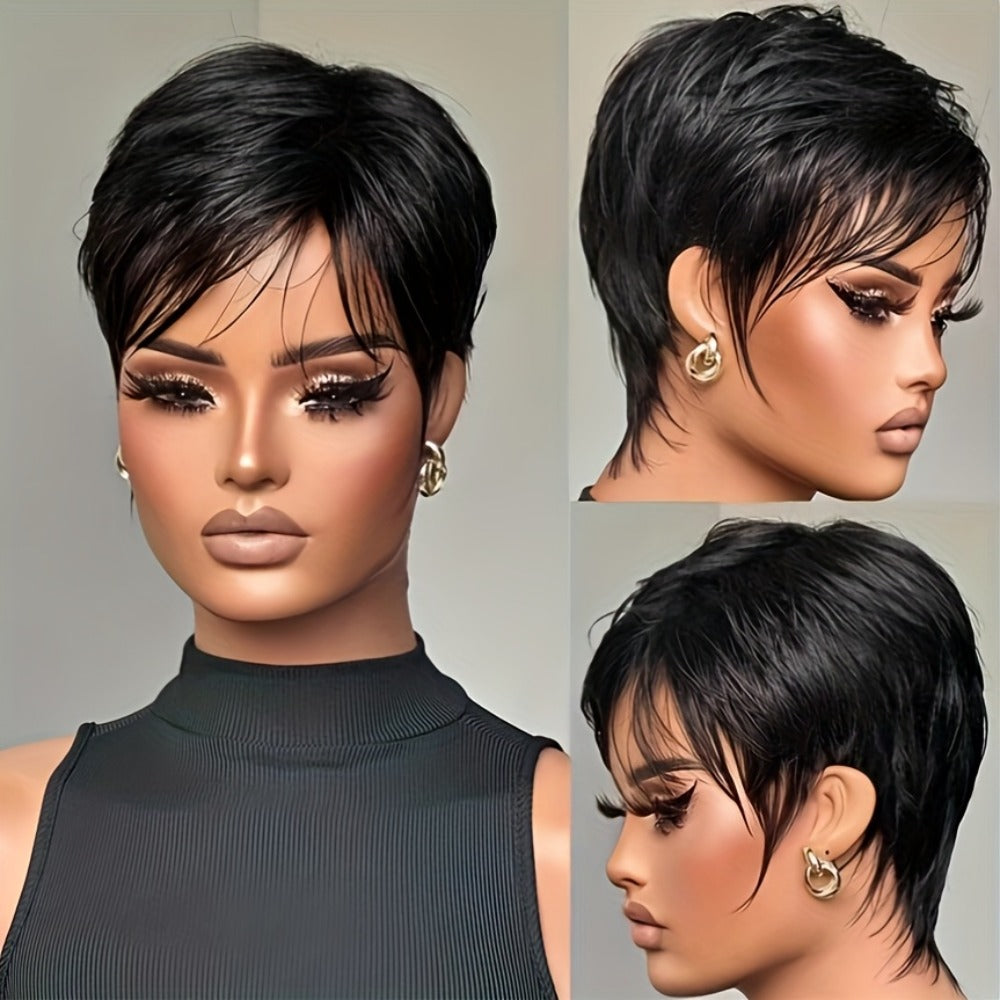Brazilian Remy Human Hair Pixie Cut Wig with Bangs 6 Inch Short Layered 150% Density Glueless Rose Net Cap Natural Black African Hair Compatible Women Men Daily Wear