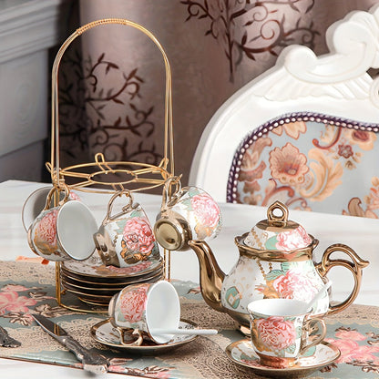Twenty-Piece Floral Ceramic Tea Set with 15-Ounce Teapot, Six Cups, Saucers, Spoons and Metal Rack