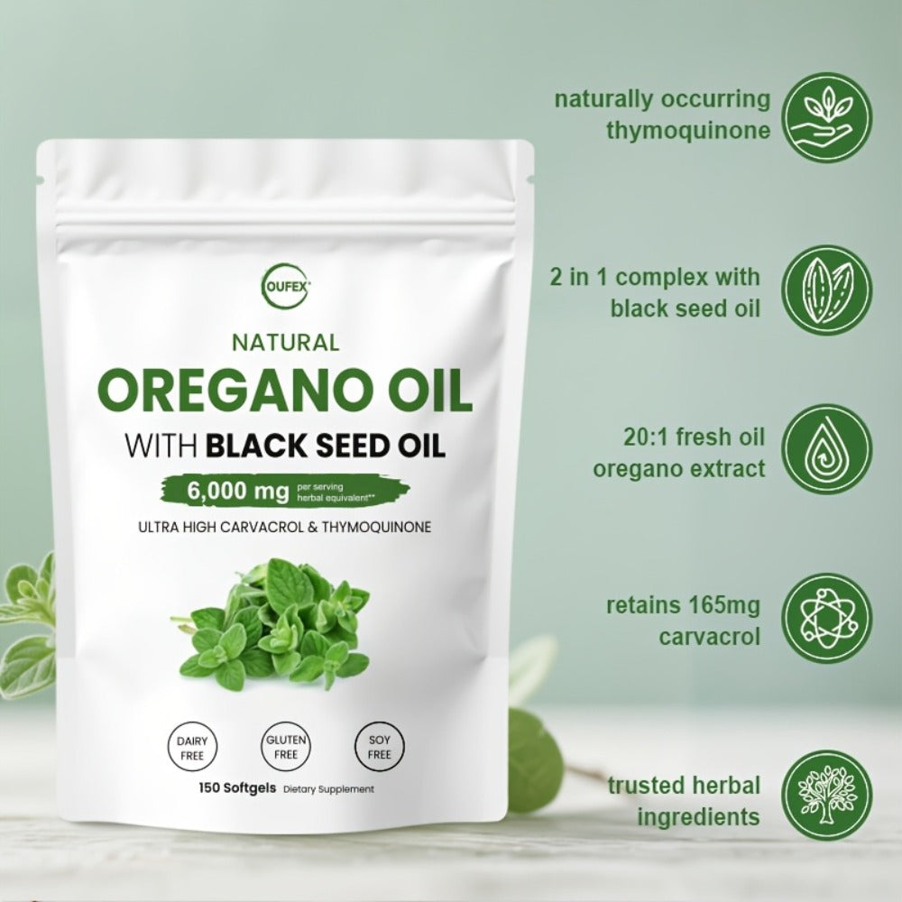 Dietary Supplement Oregano Oil and Black Seed Oil Softgels with Carvacrol and Thymoquinone, 150 Count