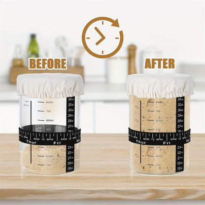 Sourdough Starter Jar 24oz with Lid & Accessories Kit | Glass Bread Starter Container with Silicone Scraper, Thermometer Strip, Date Feeding Band, Cloth Cover & Wood Lid – Reusable Fermentation Jar