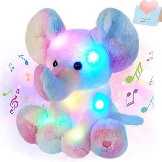 Plush Toy – Rainbow Elephant 12-Inch Light-Up Design with Optional Music for Colorful Room Display