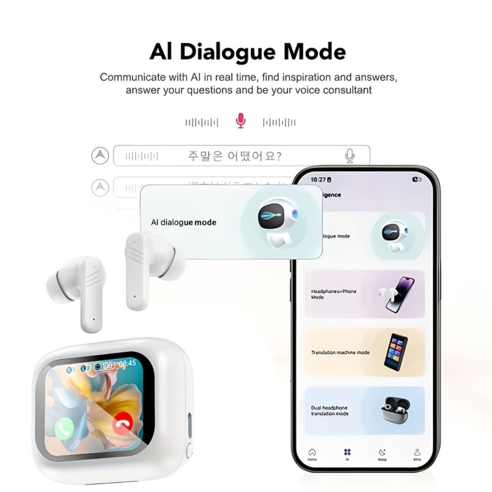 In-Ear AI Translation Earbuds with Color Screen Charging Case in Black or White Finish Options