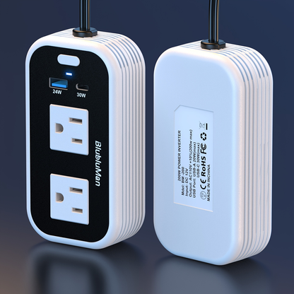 White-and-Black 200W Car Power Inverter with Two AC Outlets, 30W PD USB-C and 24W QC3.0 Ports