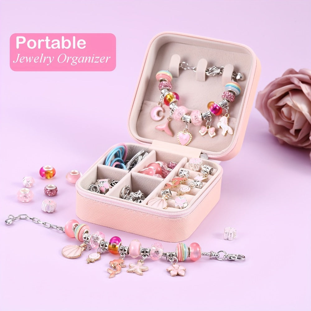Bracelet Making Craft Kit with Portable Jewelry Box, Beads and Charms in Seven Color or Theme Options