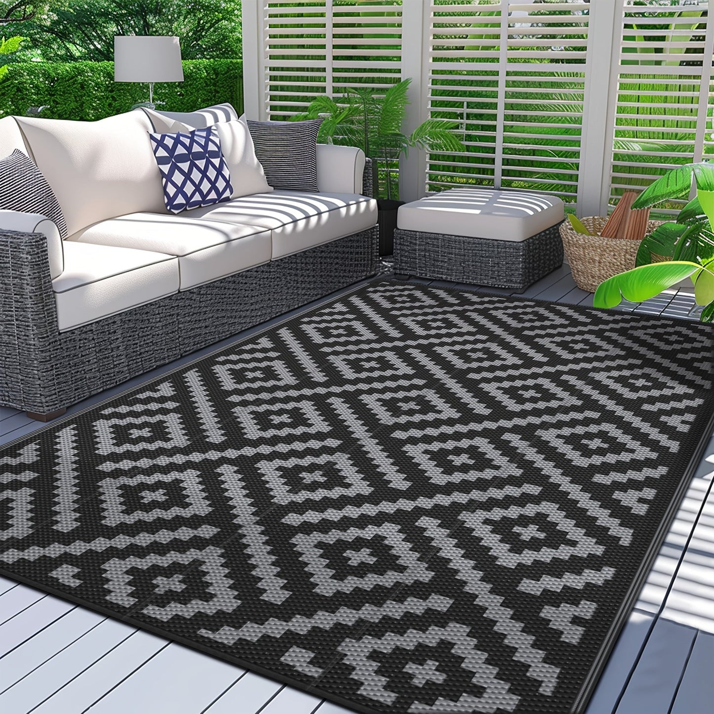 Reversible Outdoor Rug in Multiple Geometric, Border and Leaf Patterns with Displayed Sizes from 5 x 8 to 9 x 12 Feet