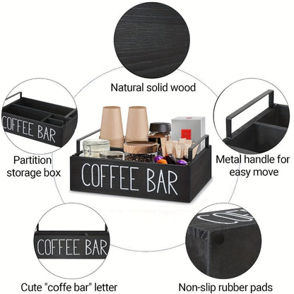 Coffee Bar Organizer Wooden Farmhouse Style - Rustic COFFEE BAR Sign Storage Tray for Pods Sugar Creamer Accessories, Waterproof Rectangular Countertop Organizer for Kitchen Coffee Station Decor