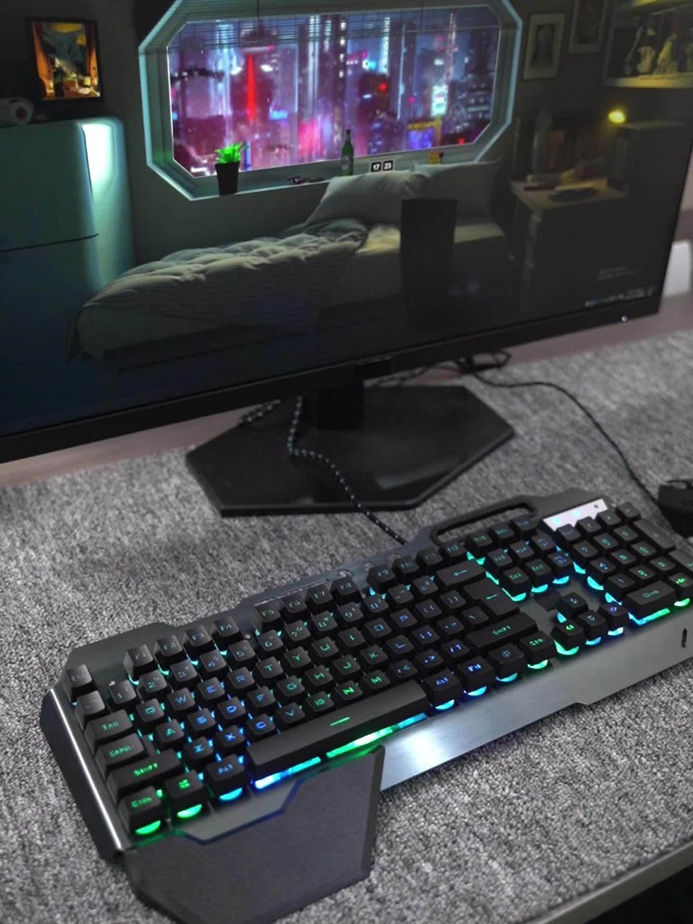 RGB Gaming Keyboard and Mouse Combo with Wrist Rest 16 Backlight Effects Mechanical Feel Aluminum Panel 26-Key Anti-Ghosting 3200DPI Mouse Phone Holder PC Desktop Windows Black