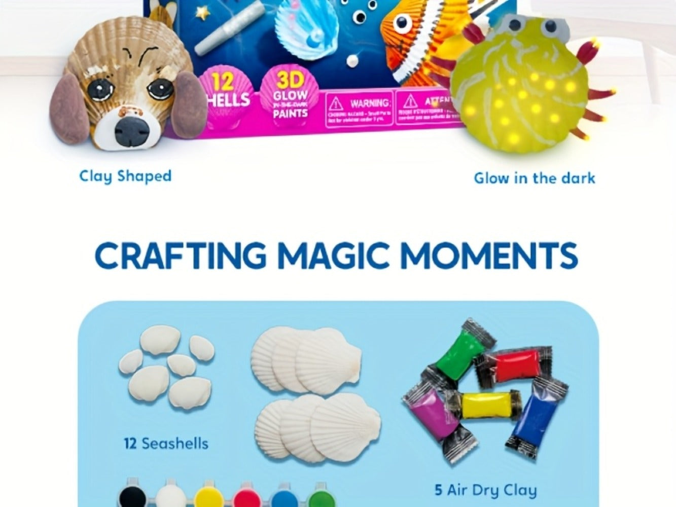 Seashell Painting Craft Kit with 12 Shell Forms, Glow-Labeled Paints, Brushes, Gems and Stickers