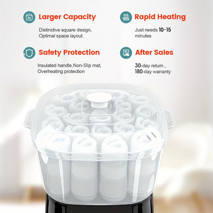 Compact Countertop Towel Steamer with Rotary Control, Black or White Base and Removable Clear Container