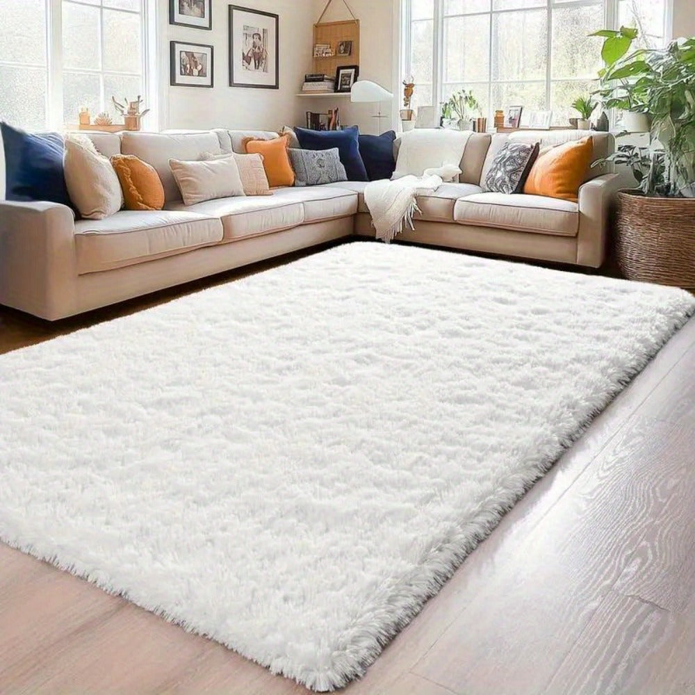 Area Rug White Fluffy High-Pile Shag in Three Washable Sizes for Living Room, Bedroom or Dorm