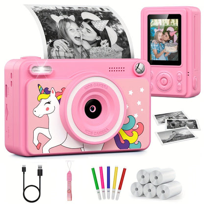 Kids Instant Print Camera with Cartoon Unicorn or Dinosaur Design, Paper Rolls, Color Pens and Four Color Options