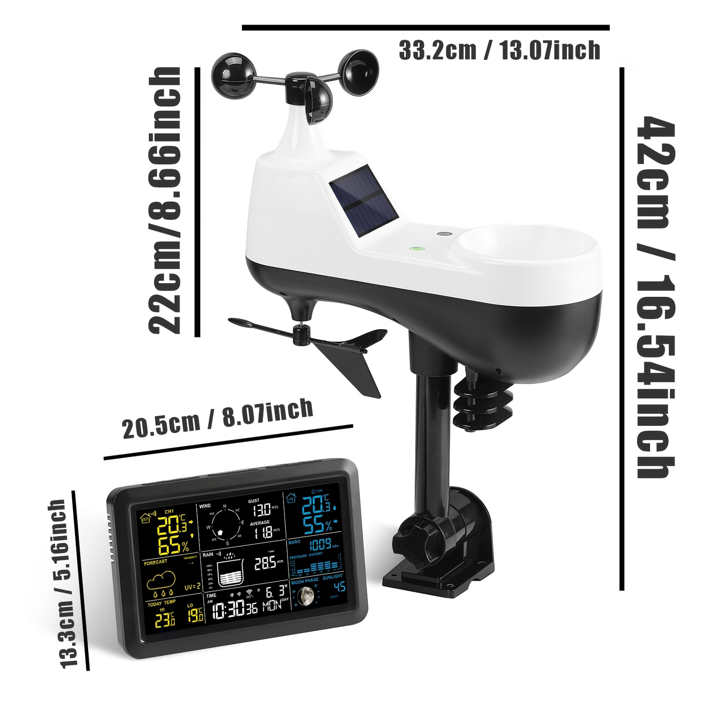 7-in-1 WiFi Weather Station with 7.5-Inch Color Display, Rain Collector, Wind Sensors and Tuya App