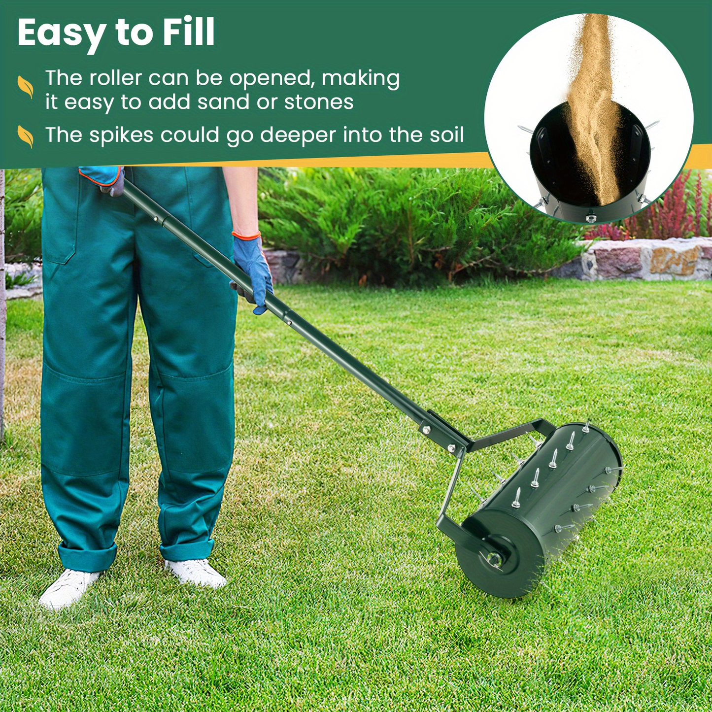 Rotary Lawn Aerator 18" Spike Drum with 27 Galvanized Steel Spikes, Fillable with Sand or Stone, 51" Anti-Slip Handle for Deep Soil Aeration Lawn Garden Yard