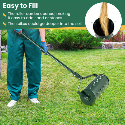 Rotary Lawn Aerator 18" Spike Drum with 27 Galvanized Steel Spikes, Fillable with Sand or Stone, 51" Anti-Slip Handle for Deep Soil Aeration Lawn Garden Yard