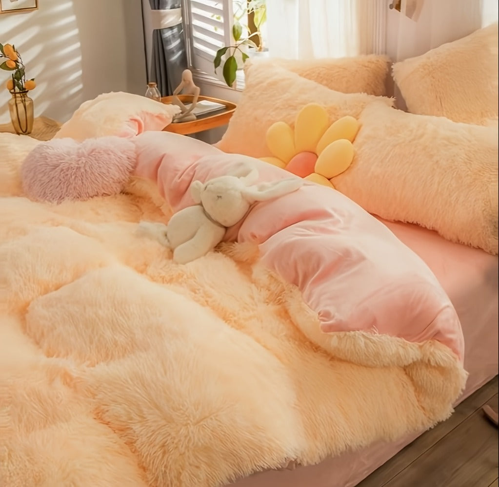 Plush Four-Piece Duvet Cover Set with Bed Sheet, Two Pillowcases, Queen or King Size and Eight Colors