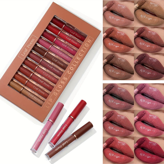 12-Piece Waterproof Lip Gloss Set High Color Payoff Long-Lasting Non-Stick Moisturizing Glossy Lip Makeup — Non-Fading All-Day Wear for All Skin Tones Holiday Birthday Gift Set Women