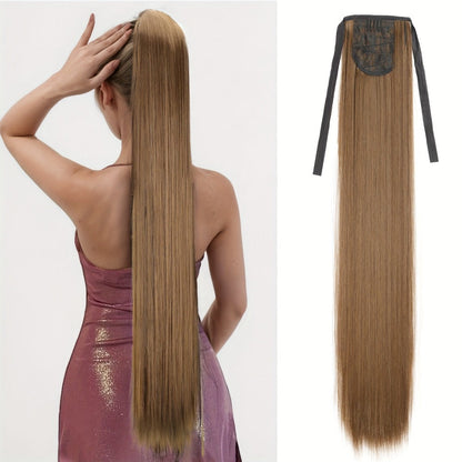 34 Inch Straight Ponytail Extension Ribbon Wrap – Long Sleek High Temperature Fiber Hairpiece for Women | Instant Wrap On Ponytail | Daily Wear Party Wedding | Brown Linen Champagne Olive Mixed