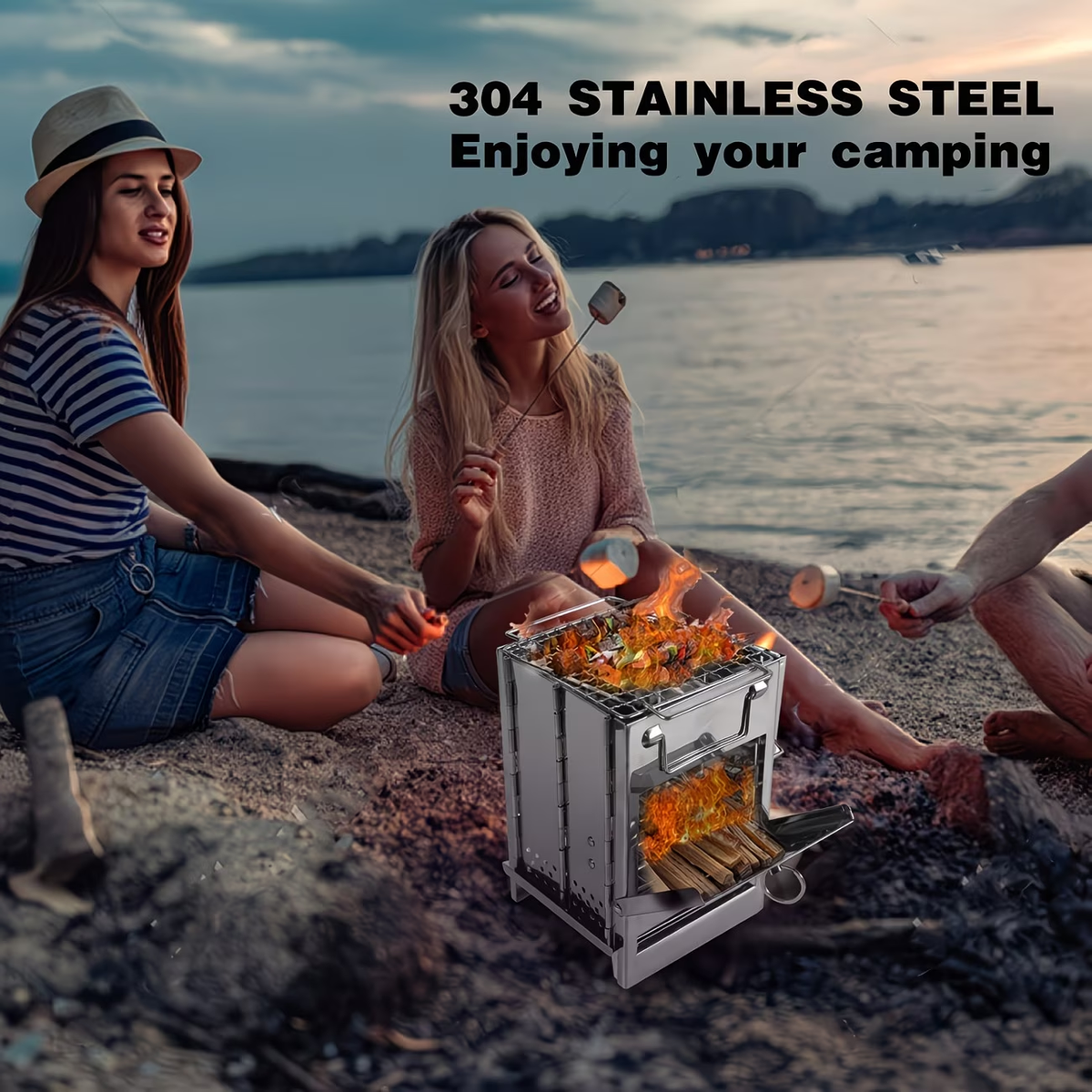 Compact Wood-Burning Camp Stove with Folding Panel Body, Grill Rack, Blowpipe and Storage Bag in Silver Tone
