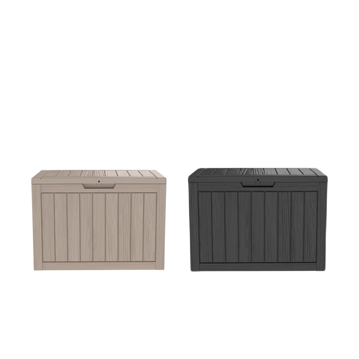 Wood-Grain Resin Deck Storage Box with Lockable Lid in Black or Light Brown Finish Options