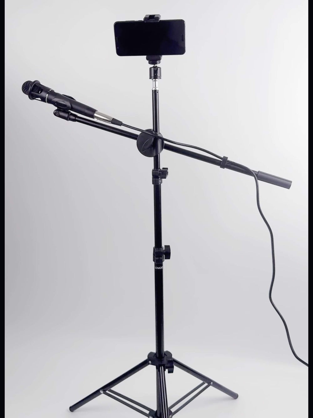 Adjustable Tripod Microphone Stand with Boom Arm Floor Mount Metal Mic Stand Dual Mic Clips Phone Holder for Live Performance Wedding Stage Karaoke Streaming