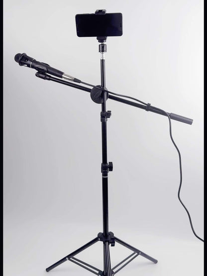 Adjustable Tripod Microphone Stand with Boom Arm Floor Mount Metal Mic Stand Dual Mic Clips Phone Holder for Live Performance Wedding Stage Karaoke Streaming