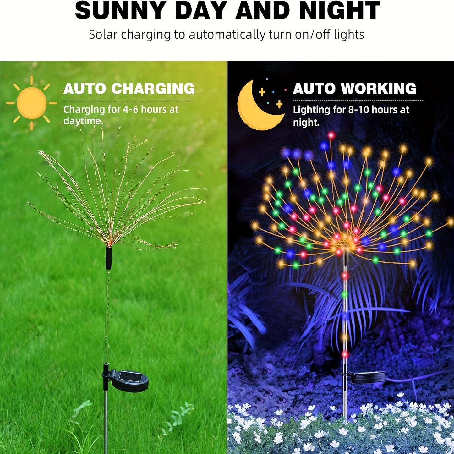 Solar Garden Lights 4-Pack Firework Stakes with 8 Modes in Warm White or Multicolor and Hanging Option