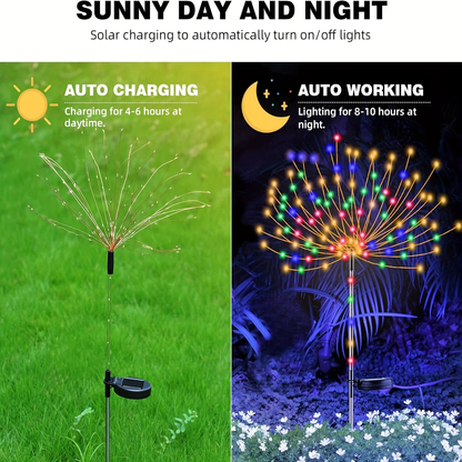 Solar Garden Lights 4-Pack Firework Stakes with 8 Modes in Warm White or Multicolor and Hanging Option