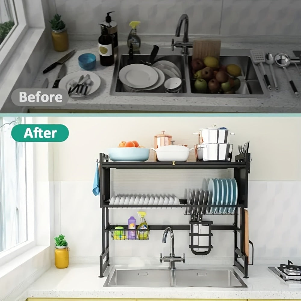 Dish Drying Rack Multi-Layer Kitchen Countertop Organizer - Dust-Free Drainer for Plates Bowls Utensils