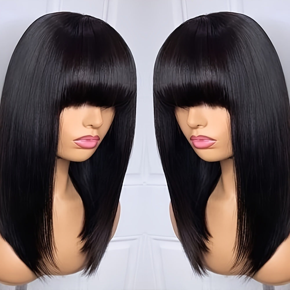 Straight Bob Wig with Bangs Heat Resistant Synthetic Hair 180% Density Blunt Cut Black Rose Net Cap Women Business Office Party Daily Wear 16 Inch