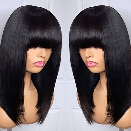 Straight Bob Wig with Bangs Heat Resistant Synthetic Hair 180% Density Blunt Cut Black Rose Net Cap Women Business Office Party Daily Wear 16 Inch