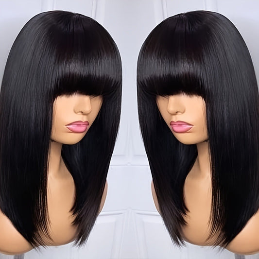 Synthetic Wig 16-Inch Black Straight Blunt Bob with Bangs, 180% Density and Rose Net Cap for Office Wear