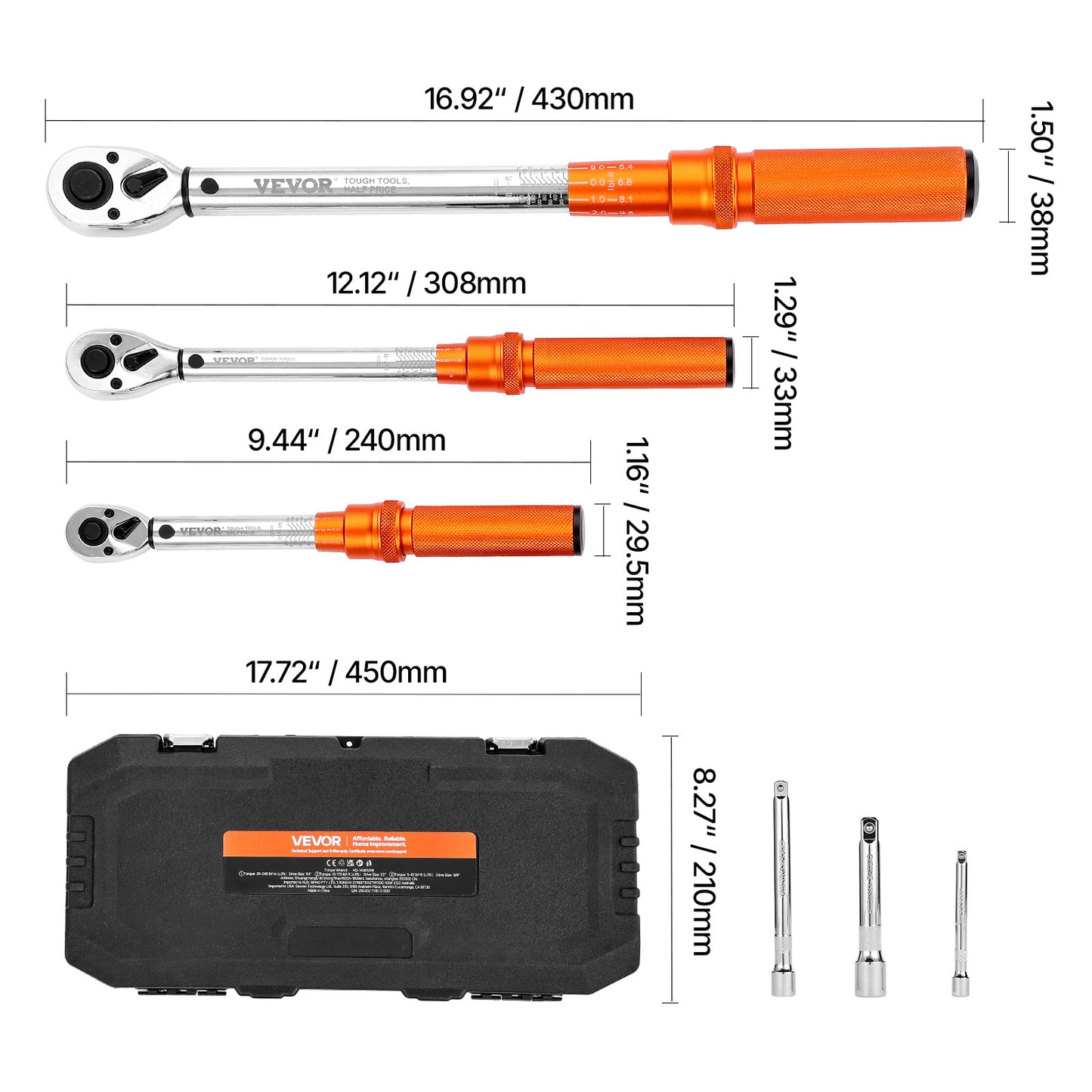 Click Torque Wrench Set 3-Piece - 1/4 3/8 1/2 Inch Drive, Dual-Direction 72-Tooth Reversible Ratchet, ±3% Accuracy with Calibration Certificate, Alloy Steel, Laser-Etched Scale, Heavy-Duty Tool Case