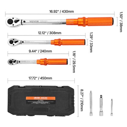 Click Torque Wrench Set 3-Piece - 1/4 3/8 1/2 Inch Drive, Dual-Direction 72-Tooth Reversible Ratchet, ±3% Accuracy with Calibration Certificate, Alloy Steel, Laser-Etched Scale, Heavy-Duty Tool Case