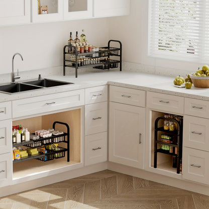 Expandable Two-Tier Under-Sink Organizer with Five Panels, Five Baskets and Exact Black Configuration