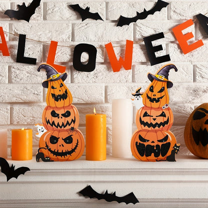 Two-Piece Halloween Pumpkin Stack Tabletop Decoration Set with Witch Hats, Ghost Accents and Glitter-Look Finish