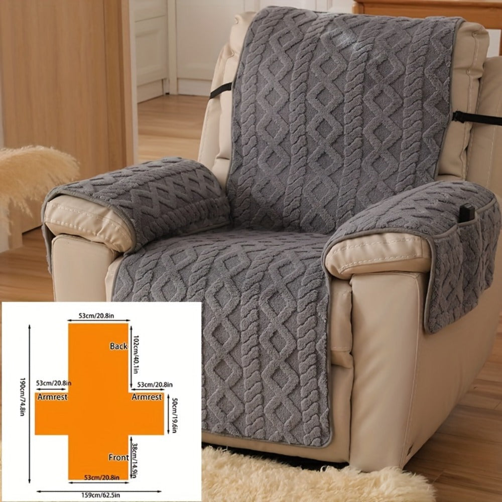 Quilted Recliner Chair Cover with Armrest Panels, Side Pocket and Elastic Straps in Three Neutral Colors