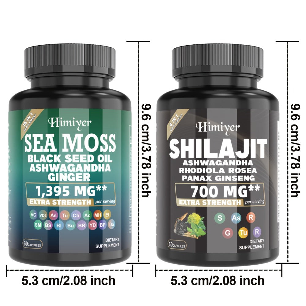 Sea Moss & Shilajit Capsules Bundle Set – Sports Nutrition Dual Formula for Energy, Bone Support, Relaxation & Focus – Super Golden Combination Daily Wellness Supplement for Men & Women