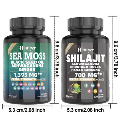 Sea Moss & Shilajit Capsules Bundle Set – Sports Nutrition Dual Formula for Energy, Bone Support, Relaxation & Focus – Super Golden Combination Daily Wellness Supplement for Men & Women