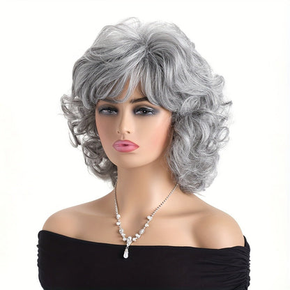 Short Curly Wig with Slanted Bangs 14 Inch Heat Resistant Synthetic Rose Net Cap Grey Mixed Dark Brown Light Brown for Women Daily Wear Halloween Festivals Cosplay