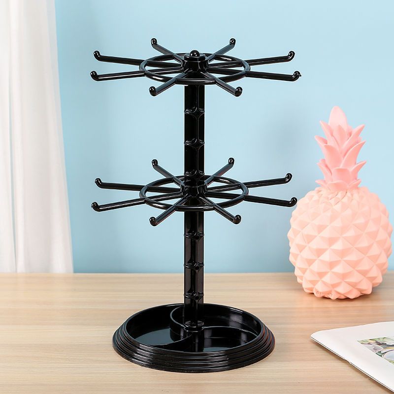 Rotating Jewelry Stand 2-Tier Black – Necklace Bracelet Earring Organizer Display Rack, Plastic Hanging Jewelry Tower for Dressing Table Counter, Keychain Holder, No Electricity Needed