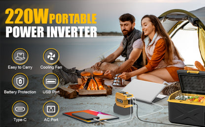 Portable Power Inverter 200W - DeWalt 20V Battery Compatible, DC to AC 110V, 2 USB + Type-C Fast Charging, 400LM Work Light, for Car, Camping & Outdoor Use