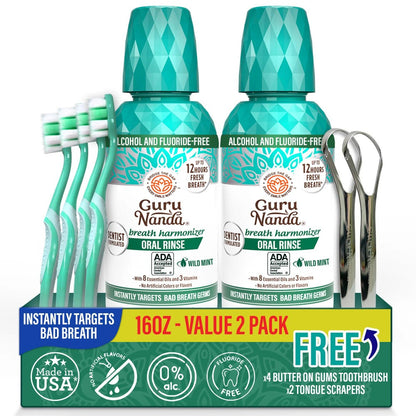 GuruNanda Alcohol Free Mouthwash 2 Pack 16 oz Each Fluoride Free Oral Rinse with 8 Essential Oils Sodium Chlorite Vitamins D3 E K2 ADA Accepted Wild Mint 24 Hour Fresh Breath for Adults
