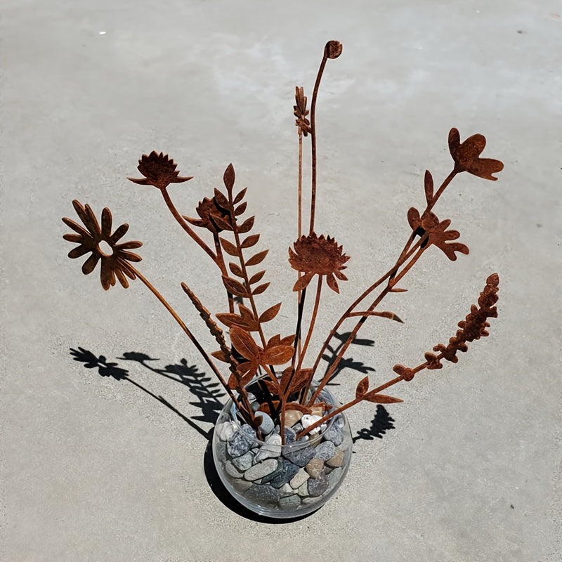 Rustic Metal Wildflower Bouquet, 10-Piece Mixed Stem Set from 25.4 to 40 cm for Vases and Planters