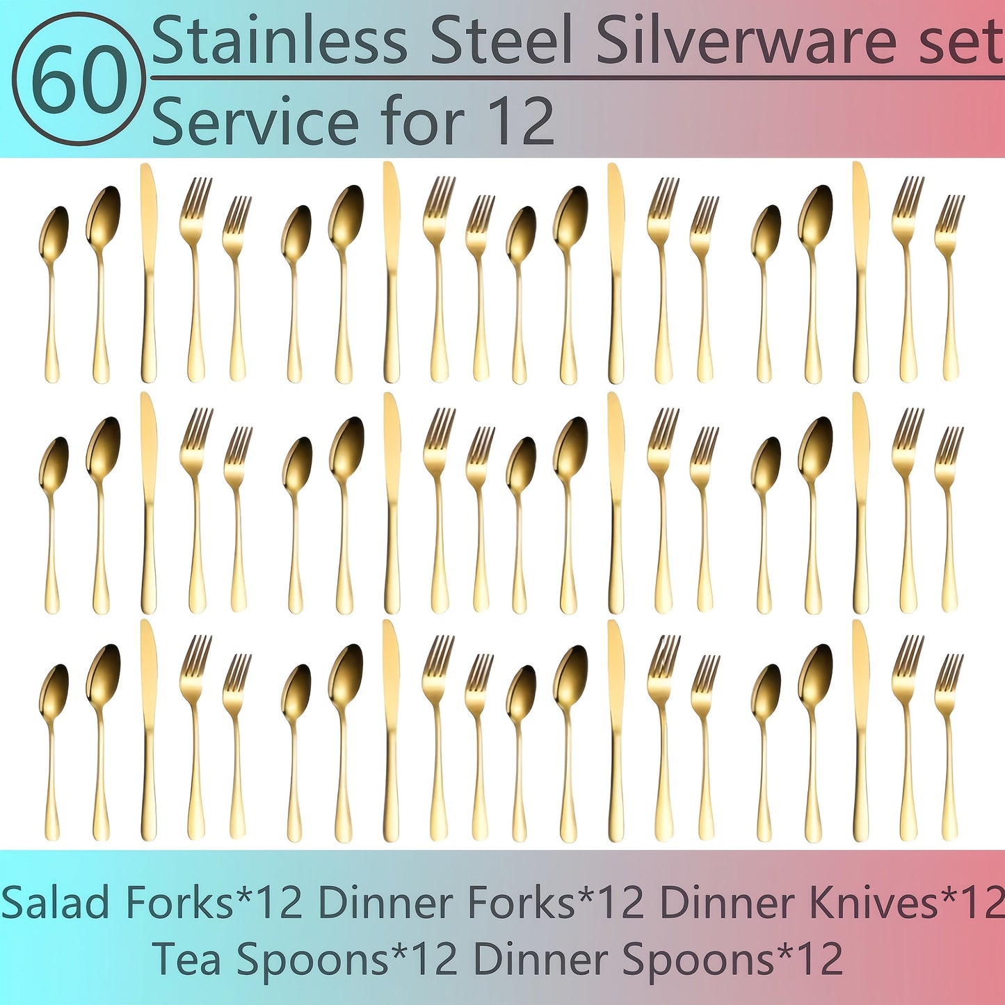20- or 60-Piece Flatware Set in Silver, Gold or Rainbow Finish with Five-Piece Place Settings
